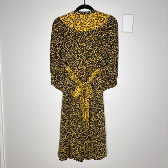 Boden Ariadne Midi Dress Boho Peasant Tie Waist Printed Yellow Navy Blue Size 6 - Picture 10 of 10